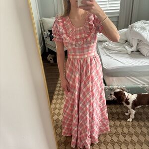 LoveShackFancy Pink and White Plaid Maxi Dress